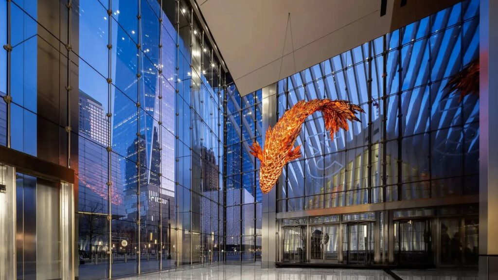 This giant copper sculpture of a fish by Frank Gehry is now on display at the World Trade Center